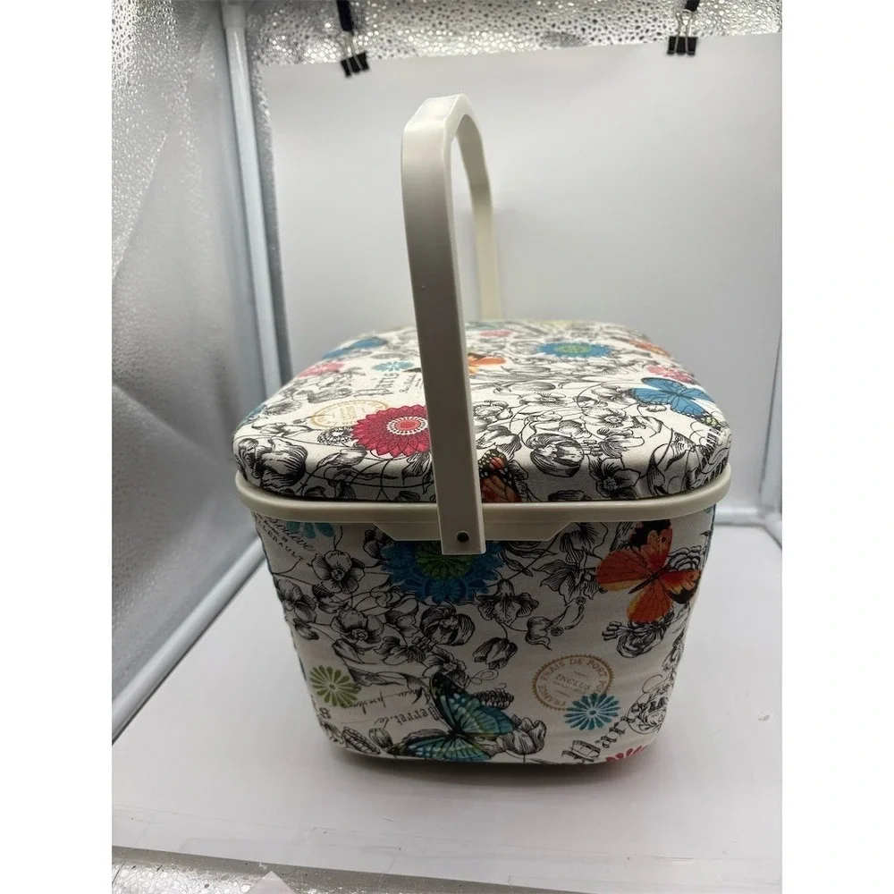 Unbranded Sewing Basket Organizer Box w/ Handle Floral Butterfly Print Lot